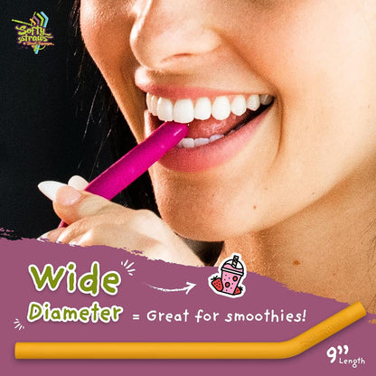 Wide Premium Reusable Silicone Drinking Straws + Patented Straw Squeegee - 9” Long with Curved Bend for 20 30 32 Oz Tumblers Non Rubber, Flexible, Safe for Kids/Toddlers, Smoothie5