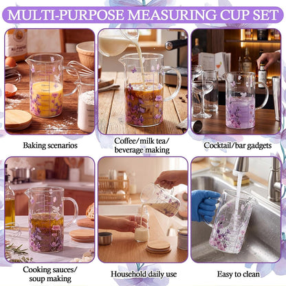 Glass Measuring Cup 16Oz/2Cups/500Ml Easy to Read V-Shaped Spout High Borosilicate Glass Measuring Cup with Bamboo Lid Stirring Spoon and Brush for Coffee Kitchen Baking Cooking(Purple Flower)6