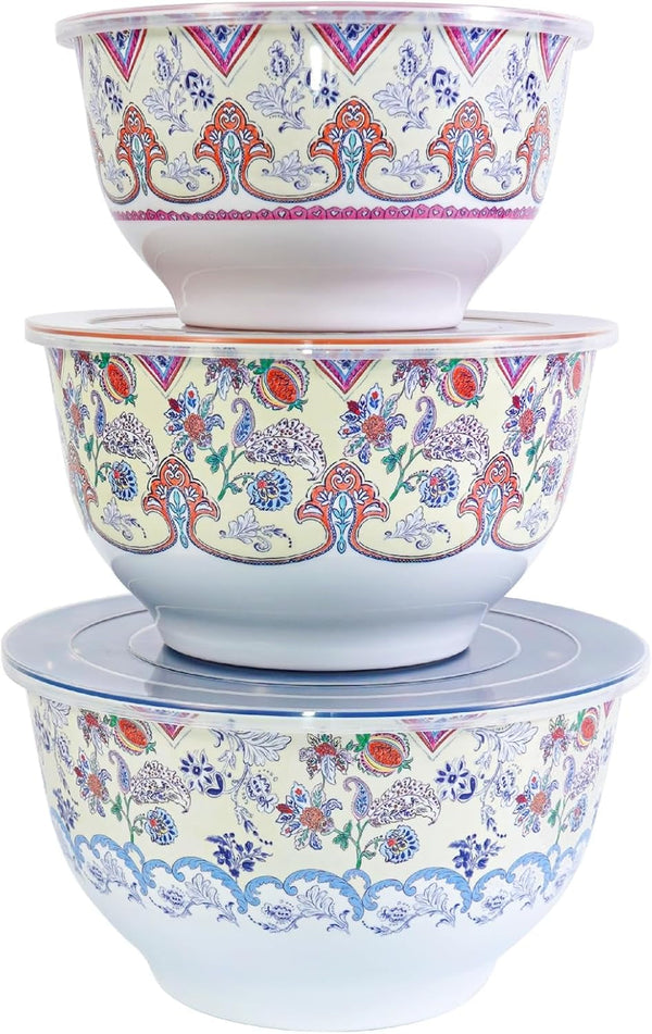 Melamine Mixing Bowl Set with Lids, Salad Bowl Set of 3, Ottoman Floral1