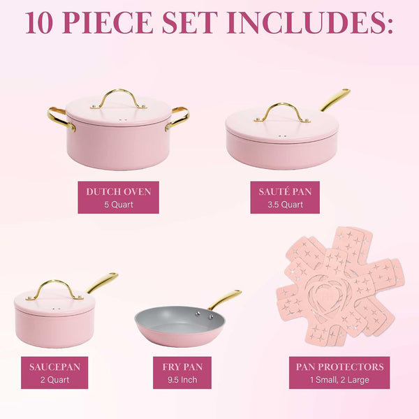 Iconic Nonstick Pots and Pans Set, Multi-Layer Nonstick Coating, Matching Lids with Gold Handles, Made without PFOA, Dishwasher Safe Cookware Set, 10-Piece, Pink4