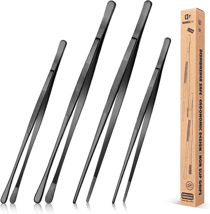 4 Pcs Fine Long Tweezer Tongs Professional Black, 12'' and 10'' Stainless Steel for Kitchen, Food, Cooking, Repairing, Sea Food and BBQ1