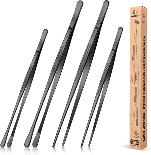 4 Pcs Fine Long Tweezer Tongs Professional Black, 12'' and 10'' Stainless Steel for Kitchen, Food, Cooking, Repairing, Sea Food and BBQ1