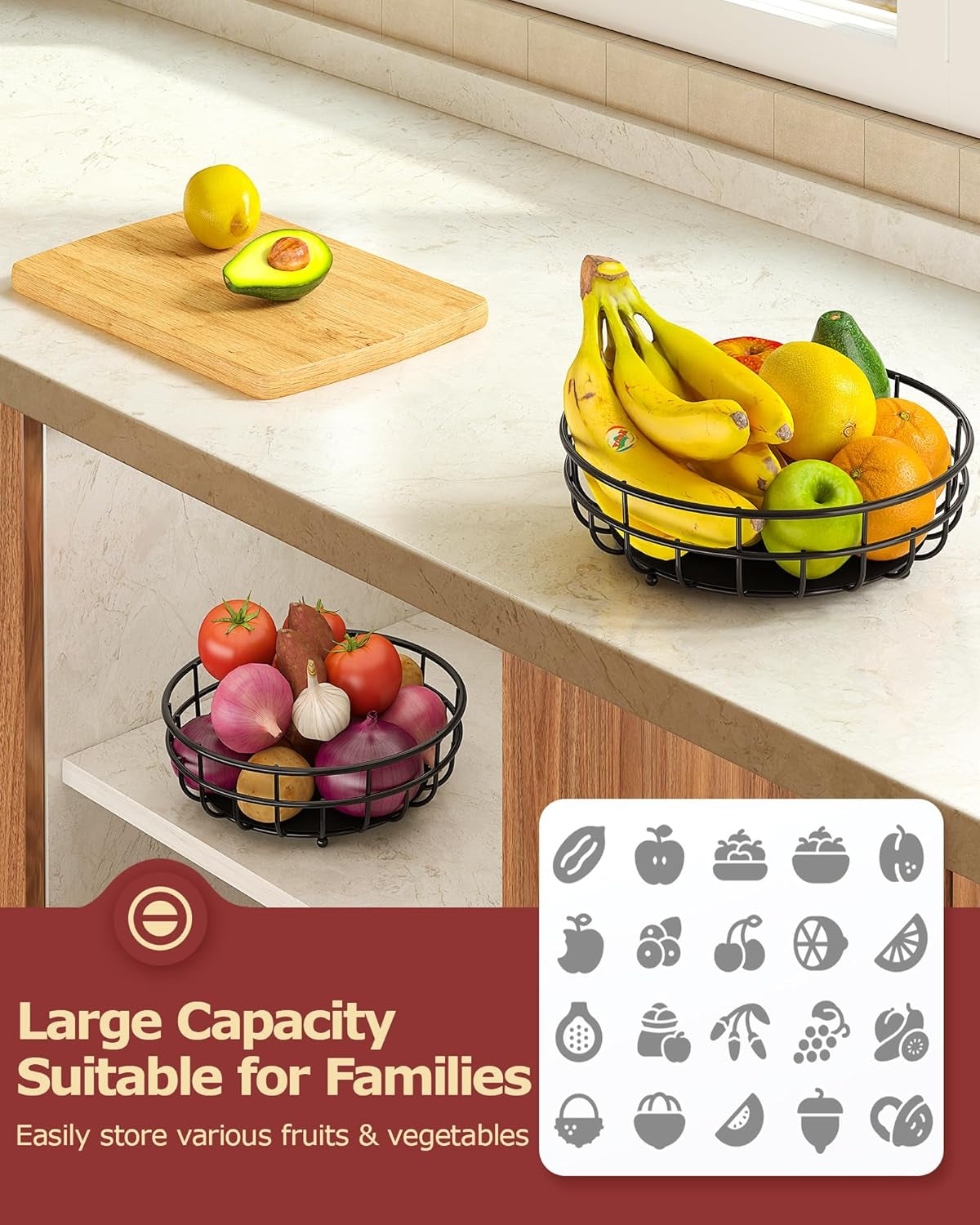 2-tier-modern-fruit-basket-for-kitchen-counter-with-2-banana-hook-space-saving-vertical-storage-for-veggies-bread-snacks-fits-under-cabinets-includes-protective-mats-to-prevent-bruising
