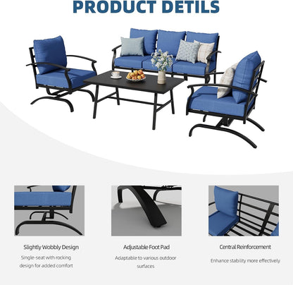 4 Piece Patio Furniture Set,Outdoor Metal Patio Furniture with Coffee Table & Rocking Chairs Conversation Set for Porch,Backyard,Poolside, Garden-Darkblue5