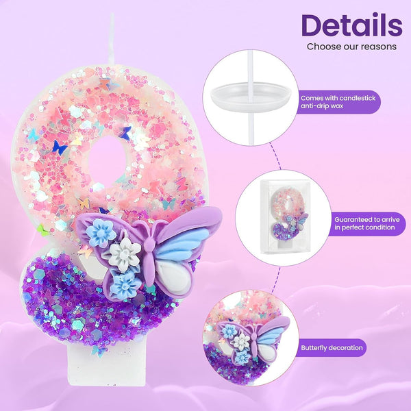 Birthday Number Candles Pink and Purple Butterfly Birthday Candles for Cake Glitter Number 1 Candle Cake Topper with Sequins for Girls and Women Anniversary Celebrations Supplies7