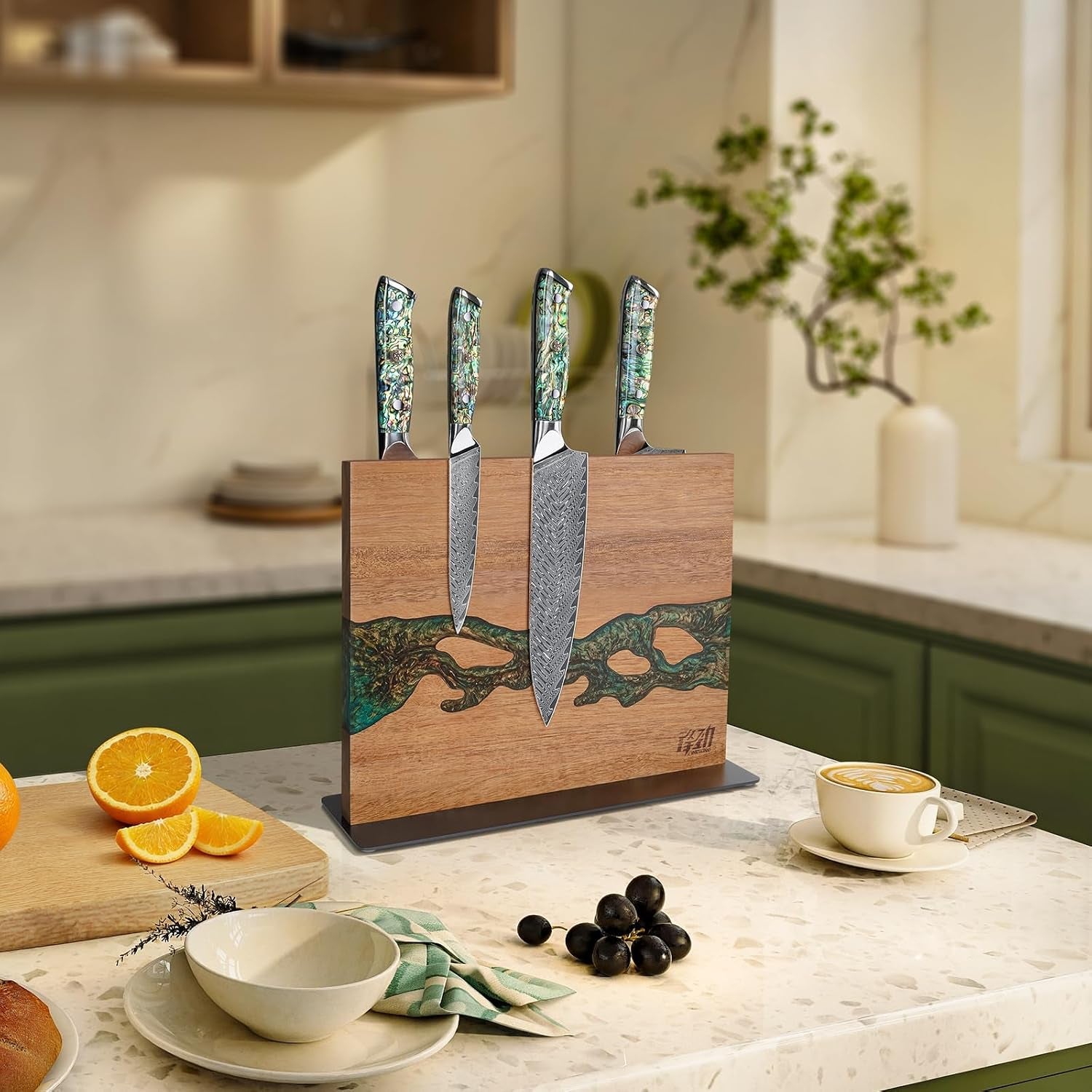 magnetic-knife-block-double-sided-knife-holder-with-strong-magnets-acacia-wood-and-golden-green-resin-countertop-kitchen-knife-storage-stand-12-10-inches-without-knives