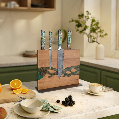 Magnetic Knife Block, Double-Sided Knife Holder with Strong Magnets, Acacia Wood and Golden Green Resin, Countertop Kitchen Knife Storage Stand (12 × 10 Inches, without Knives)2