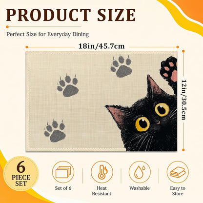 Dining Table Placemats Set of 6, Black Cat Paw Linen Table Mats 12 X 18 Inch, Washable Waterproof Stain Resistant Reusable Place Mats for Kitchen, Home Party Decor, Daily Use2