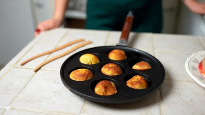 7-Hole Cast Iron Aebleskiver Pan Detachable Wooden Handle, Pre-Seasoned, Aebleskiver Sticks and Recipe Book Included9