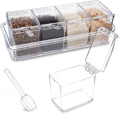 Clear Seasoning Box, 4 Pieces Seasoning Rack Spice Pots, Storage Container Condiment Jars Acrylic Seasoning Box with Covers and Spoons for Spice, Sugar, Salt, Sugar, Cardamon, Cinnamon1