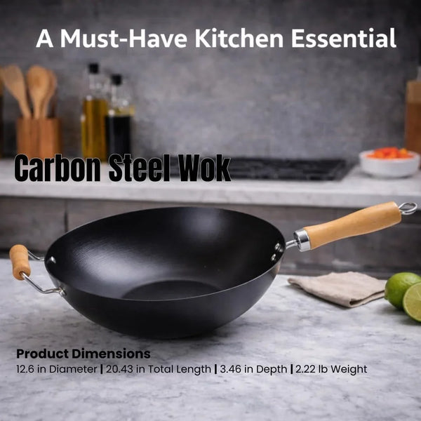 13.5" Carbon Steel Wok with Wooden Handle – Non-Stick Stir Fry Pan for Authentic Asian Cooking, Black6