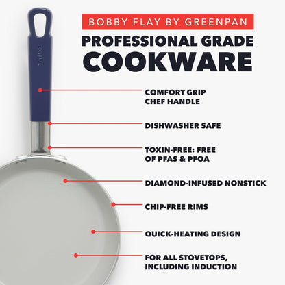 X Bobby Flay 13 Piece Nonstick Cookware Pots and Pans Set, Pfas-Free Diamond Ceramic, Induction Suitable, Easy Clean Dishwasher & Oven Safe, Stay-Cool Silicone Handles, Glass Lids, Navy Blue6