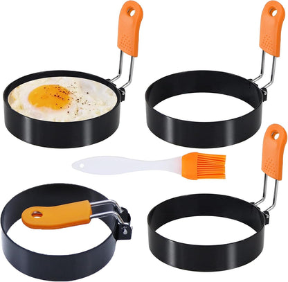 3.5" Egg Rings Set of 4 with Silicone Handle, Large Ring for Frying Eggs, round Mold for English Muffins - Griddle Cooking Shaper for Indoor Camping Breakfast Sandwiches W/Silicone Oil Brush1