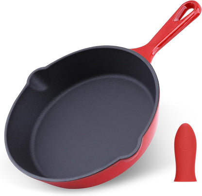 Enameled Cast Iron Skillet 10Inch with Pour Spouts for Searing Baking Grilling and Roasting,10" Frying Pan Cookware with Silicone Handel Cover,Durable Oven Safe Pan,Stove Campfire Use(Red)1