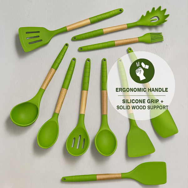 Green Silicone Kitchen Utensil Set – 10-Piece Cooking Tools with Wooden Handles & Ventilated Bamboo Holder, Heat-Resistant Silicone, Nonstick Safe, Bpa-Free Kitchen Gadgets Set – Sage Green4