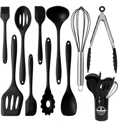 Silicone Kitchen Utensils Set,10 PCS Cooking Kitchen Utensils Set, Nonstick Kitchen Utensils 446°F Heat-Resistant Cookware Kitchen Tools of Spoon,Brush,Whisk,Spatula,Turner Tongs(Black)1