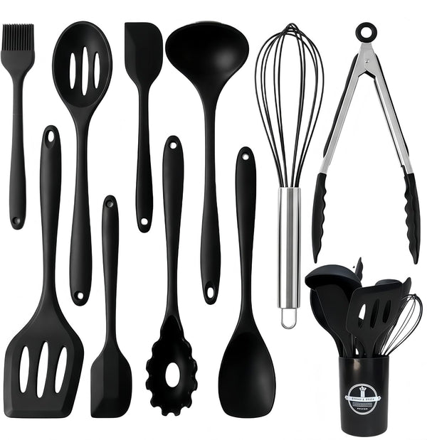 Silicone Kitchen Utensils Set,10 PCS Cooking Kitchen Utensils Set, Nonstick Kitchen Utensils 446°F Heat-Resistant Cookware Kitchen Tools of Spoon,Brush,Whisk,Spatula,Turner Tongs(Black)1