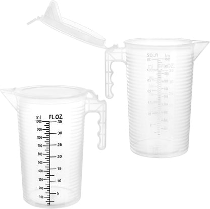 2 Pack 32Oz (1 Quart) Measuring Pitcher - Plastic, Multipurpose, Polypropylene, with Clear Ounce & Milliliter Markings, Dustproof Lid, for Cooking, Home Hobbies, Shop Oil and Fluids2