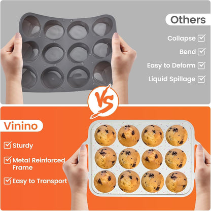2Pack Silicone Muffin Pan for Baking with Metal Reinforced Frame, 12 Cup Regular Size Cupcake Pan, BPA Free Silicone Muffin Tray, Cupcake Baking Pan Bite Molds for Oven Dishwasher Safe3