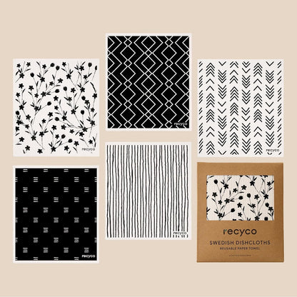 Swedish Dishcloths for Kitchen | 5 Pack Geometric Washable Dish Rags | Cellulose Reusable Cleaning Paper Towels | Absorbent Counter Dish Cloth Sponge Kitchen Wipes, 8" L X 7" W8
