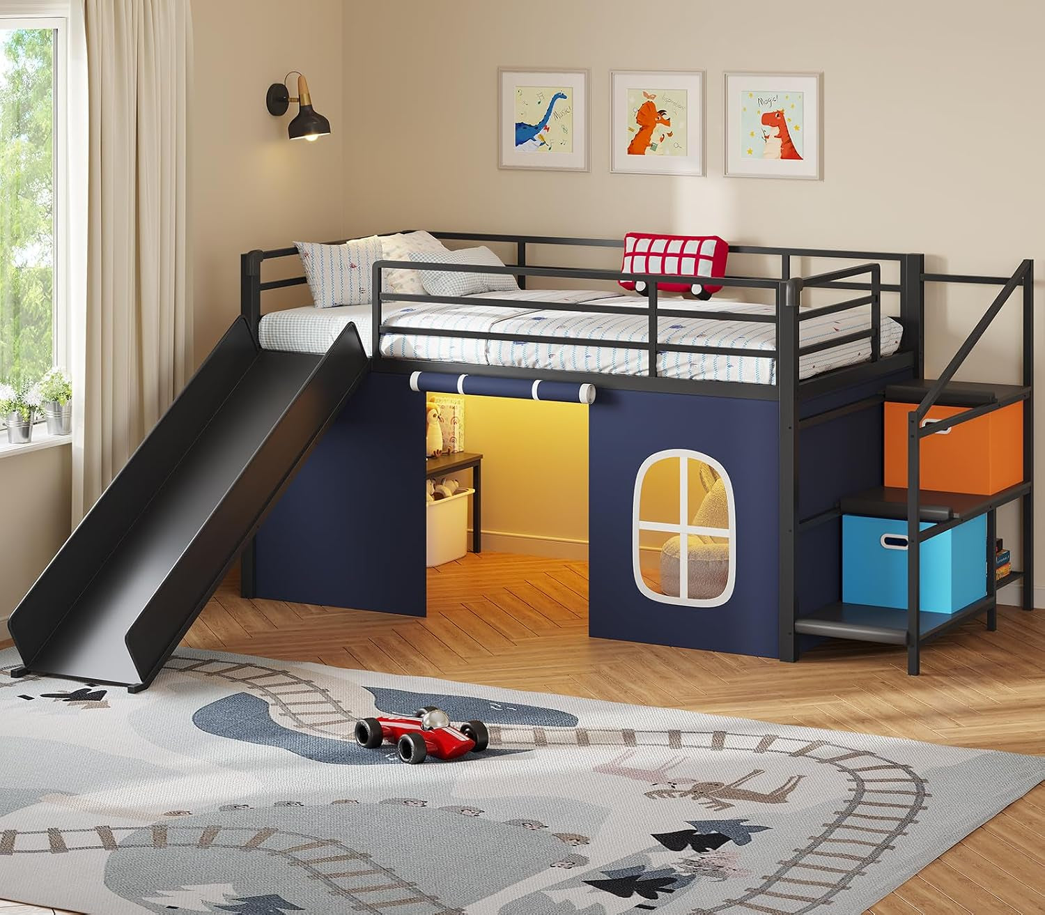 twin-low-loft-bed-with-slide-and-safety-staircase-2-storage-drawers-kids-twin-size-loft-bed-with-led-lights-under-bed-play-tent-built-in-desk-metal-loft-bed-with-safety-guardrail-black-and-blue