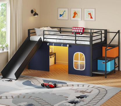 Twin Low Loft Bed with Slide and Safety Staircase, 2 Storage Drawers, Kids Twin Size Loft Bed with LED Lights, Under-Bed Play Tent, Built-In Desk, Metal Loft Bed with Safety Guardrail, Black and Blue1