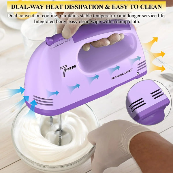 Hand Mixer. 7-Speed Adjustable Kitchen Electric Mixer. with 5 Stainless Steel Attachments: 2 Hooks, 2 Beaters, 1 Whisk. Comes 1 Storage Box. Perfect for Bakers and New Starters. Purple5
