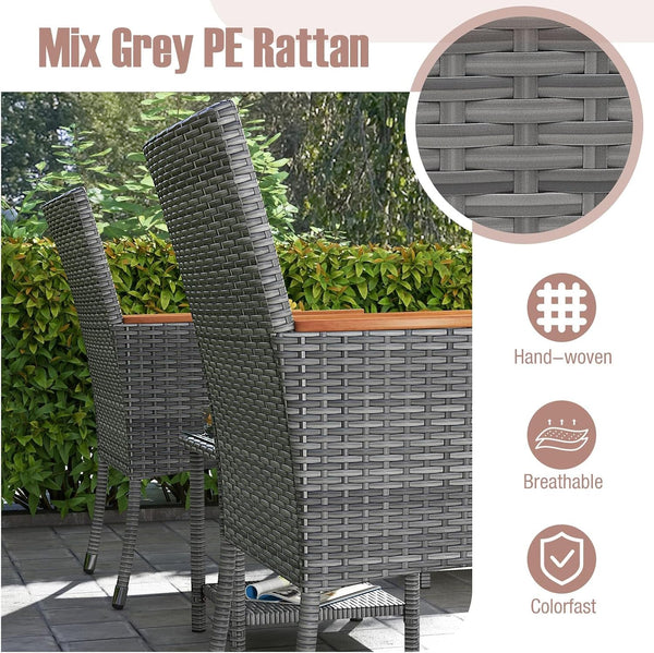 5 Pieces Patio Conversation Set, Outdoor PE Rattan Chairs with Soft Cushions, Ottomans & Tempered Glass Top Table, Acacia Wood Armrests, Patio Furniture Set (Mix Grey+Beige)6