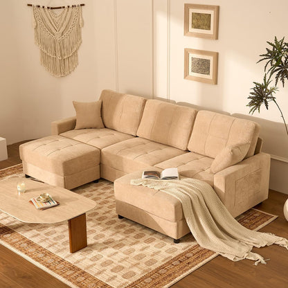 112" U Shaped Modular Cloud Sectional Couch, Waffle Fabric, Oatmeal Beige1