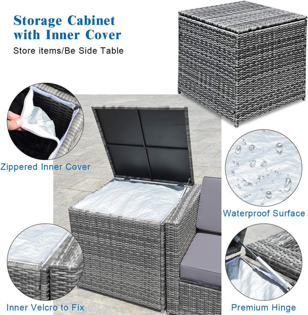 8 PCS Outdoor Patio Furniture Set, Rattan Wicker Sofa Set, Sectional Sofa Couch Conversation Set W/Storage Table and 12 Zippered Cushions for Garden Backyard Poolside (Grey)6