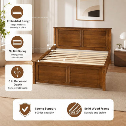 Walnut Full Size Wood Bed Frame with Headboard Under-Bed Storage Space6