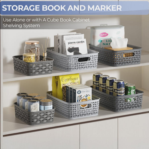3 Pack Small Plastic Basket, Storage Bin Baskets for Organizing, Pantry Organizer Household Wicker Storage for Laundry Room, Bedrooms, Kitchens, Cabinets, Countertops, Dark Gray5