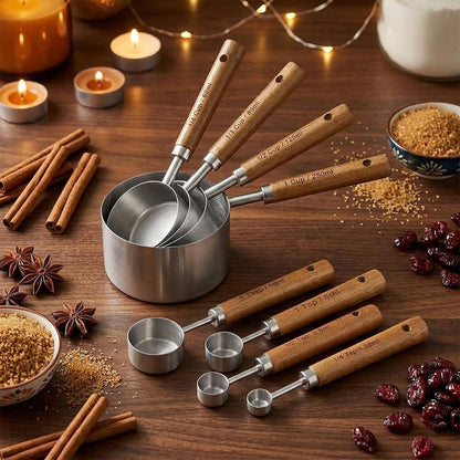Measuring Cups and Spoons Set, Stainless Steel Metal Measuring Cups with Wooden Handles, Great for Dry and Liquid Ingredients, Engraved Metric Markings, Nesting Design for Baking5