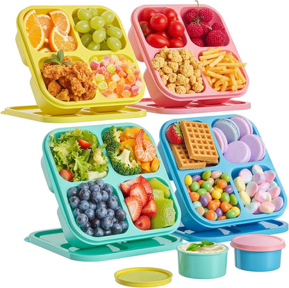 4 Pcs Snack Box Containers Set, Reusable 4 Compartment Lunchable Container with 2Pcs Sauce Containers, Stackable Bpa-Free Bento Box for School, Work, Travel (4 Color)1