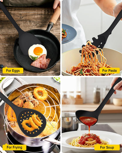 Silicone Cooking Utensils Set, 9 Pcs Heat Resistant Kitchen Utensils with Back Hooks, BPA Free Kitchen Tools with Spatulas, Spoons, Skimmer and Pasta Fork for Non Stick Cookware (BLACK)6
