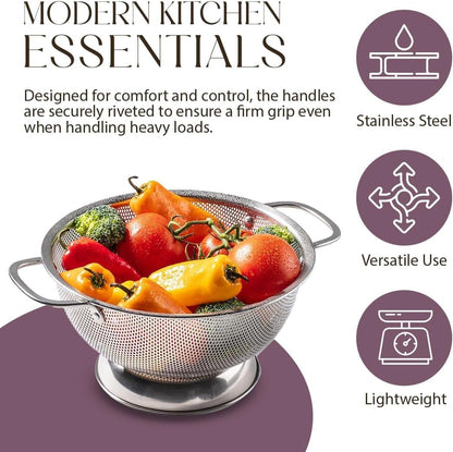 Stainless Steel Colander for Kitchen, 5 Qt Pasta & Rice Strainer | Durable Highest Grade Premium Steel, Dishwasher Safe and Odor Resistant Food Strainer, Lightweight Looped Handles5