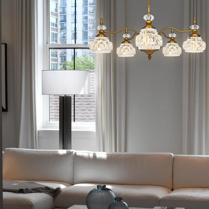 Gold Brass Chandelier, 5 Light Vintage Crystal Glass Pendant Fixture7