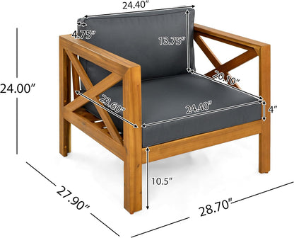 Outdoor 4-Piece Acacia Wood Conversation Set - Patio 3-Seat Loveseat Sofa Daybed with Cushion, 2 Armchair and round Coffee Table for Backyard, Lawn, Balcony, Teak+Dark Gray6