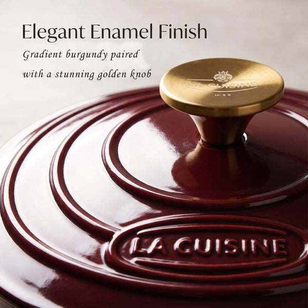 La Cuisine Enameled Cast Iron Oval Dutch Oven Casserole Dish Pot with Lid 5 QT Internal Matt Black Enamel Coating, Cranberry, Gold-Plated Stainless Steel Lid Handle, Oven Safe5
