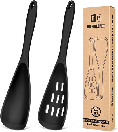 Pack of 2 Cooking Spoons for Non Stick Cookware, Multifunction Spatula Spoon Bpa-Free, One-Piece Design, Suitable for Scooping, Scraping, Serving and Mixing(Black)1