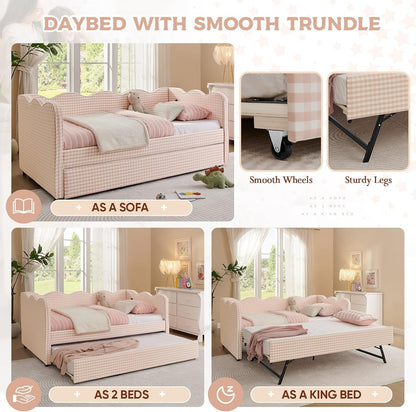 Twin Size Daybed with Pop up Trundle, Linen Gingham Twin to King Daybed with USB Ports, Upholstered Day Bed Frame, Modern Sofa Bed for Living Room/Bedroom/Guest Room, No Box Spring Needed, Pink4