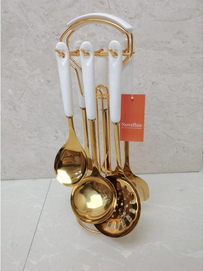Stainless Steel Gold Kitchen Utensils Set with Holder, 7Pcs White8