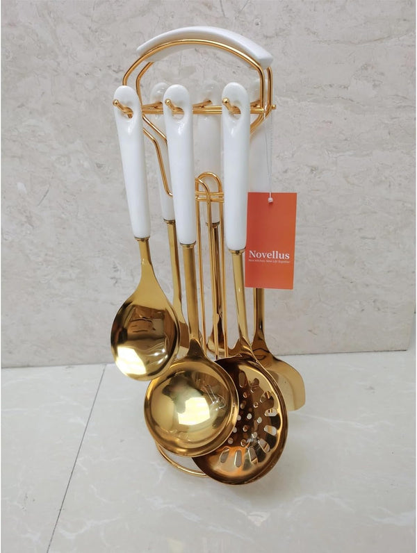 Stainless Steel Gold Kitchen Utensils Set with Holder, 7Pcs White8
