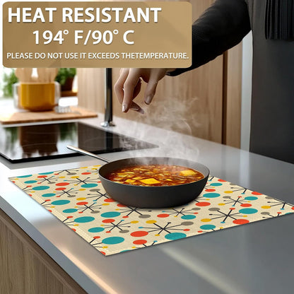 Mid Century Fifties Modern Atomic Retro Placemats Set of 6,12X18 Inch Table Mats for Kitchen Table Washable Farmhouse Linen Table Mats Dining Decoration5