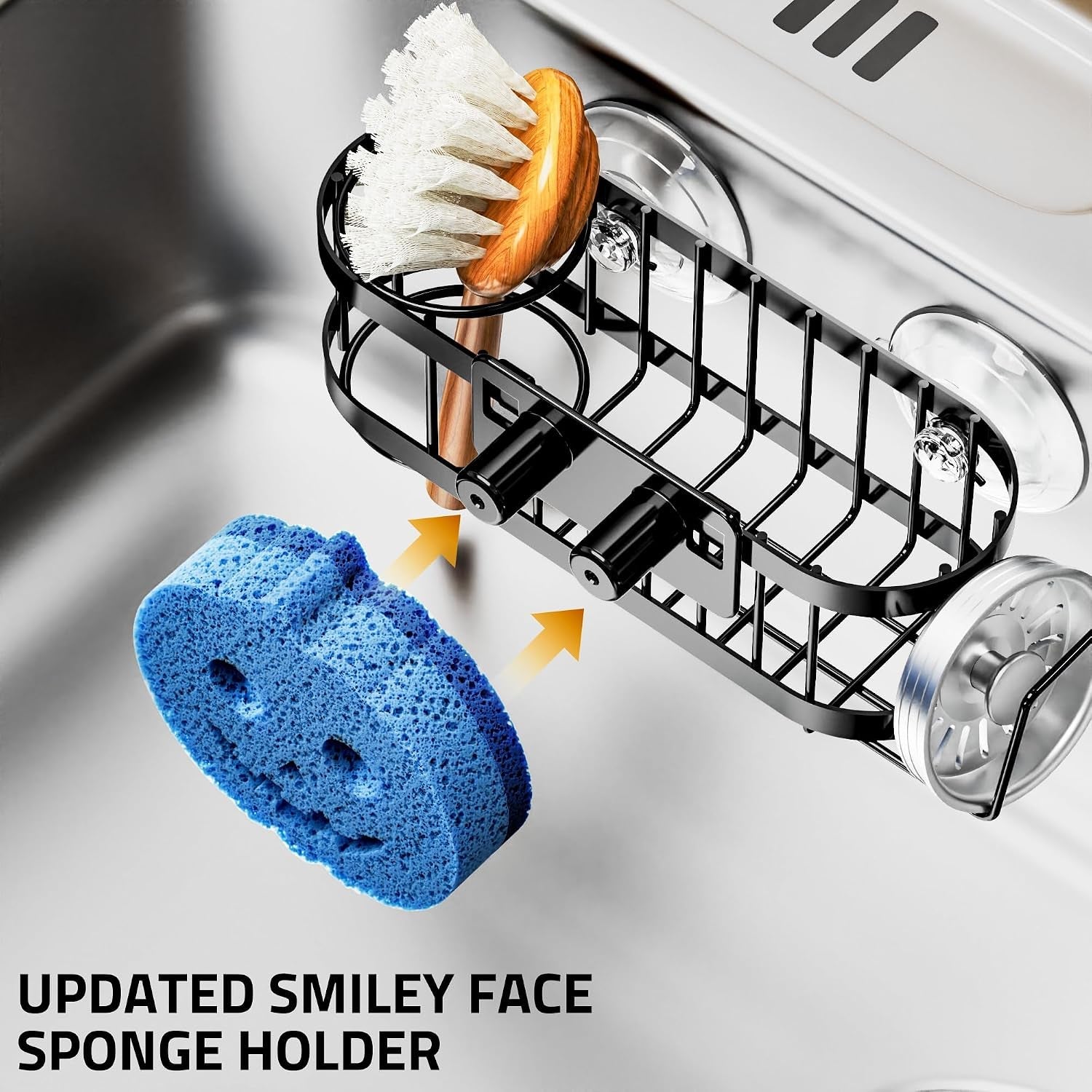 sponge-holder-smiley-face-sink-caddy-for-kitchen-sink-kitchen-organizer-sponge-holder-with-2-pcs-suction-cups-and-adhesive-strips-designed-for-sponge-soap-dish-brush-scrubber-black