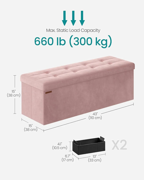 SONGMICS Mazie Collection - Storage Ottoman Bench, Foldable Foot Rest, 15 X 43 X 15 Inches, End of Bed Bench, Storage Chest, Load 660 Lb, Living Room, Bedroom, Entryway, Jelly Pink ULSF277R013