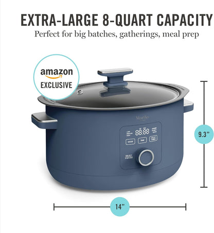 8 Quart Slow Cooker, Ceramic Nonstick Crock, Indigo Blue | 6 Modes, Delay Timer, Keep Warm, Dishwasher Safe Bowl & Glass Lid, Stovetop & Oven Safe Removable Pot, Simmet, Reheat, Warm8