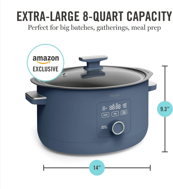 8 Quart Slow Cooker, Ceramic Nonstick Crock, Indigo Blue | 6 Modes, Delay Timer, Keep Warm, Dishwasher Safe Bowl & Glass Lid, Stovetop & Oven Safe Removable Pot, Simmet, Reheat, Warm8