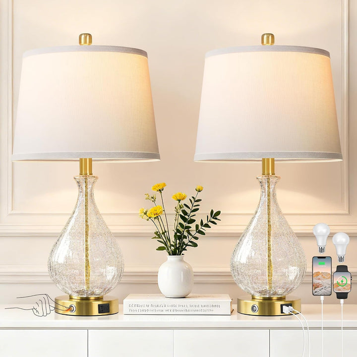 Bedside Lamps Set of 2, Modern Glass Table Lamps for Living Room