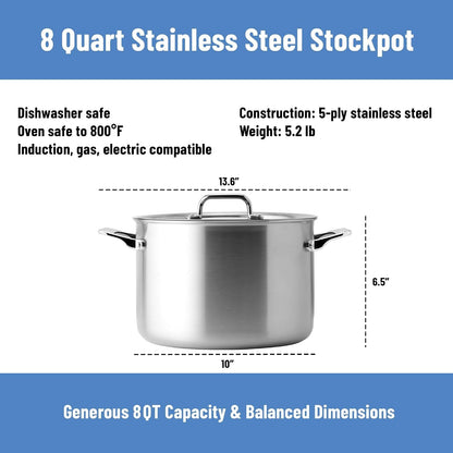 5-Ply Stainless Steel Stockpot – Large Cooking Pot for Boiling, Simmering & Stewing - Consistent, Even Heating - Durable, Dishwasher Safe – Oven-Safe to 800F, Induction Ready - 8 QT8